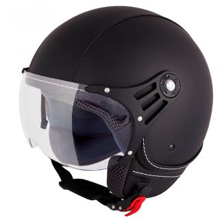 Vinz Laghi zwart leren jethelm fashionhelm scooterhelm motorhelm vooraanzicht