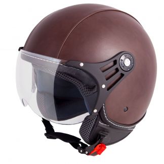 Vinz Laghi bruin leren jethelm fashionhelm scooterhelm motorhelm vooraanzicht